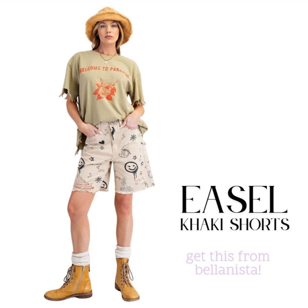 easel shorts Khaki Jean Shorts with Black smile smiley face womens size large LG - Picture 2 of 5